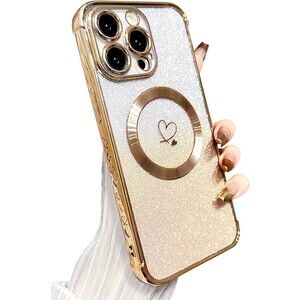 iPhone 15 Pro Max Case Magnetic Soft Cute Luxury Love Heart Gold MagSafe Clear